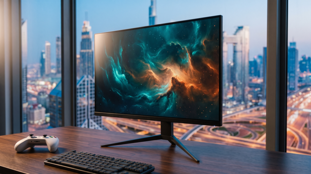 ASUS ROG Strix XG27UCS 27-inch 4K gaming monitor on a desk in a Dubai apartment at dusk