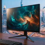 ASUS ROG Strix XG27UCS 27-inch 4K gaming monitor on a desk in a Dubai apartment at dusk