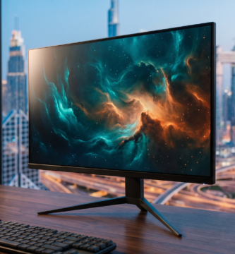 ASUS ROG Strix XG27UCS 27-inch 4K gaming monitor on a desk in a Dubai apartment at dusk