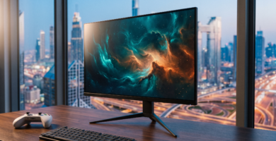 ASUS ROG Strix XG27UCS 27-inch 4K gaming monitor on a desk in a Dubai apartment at dusk