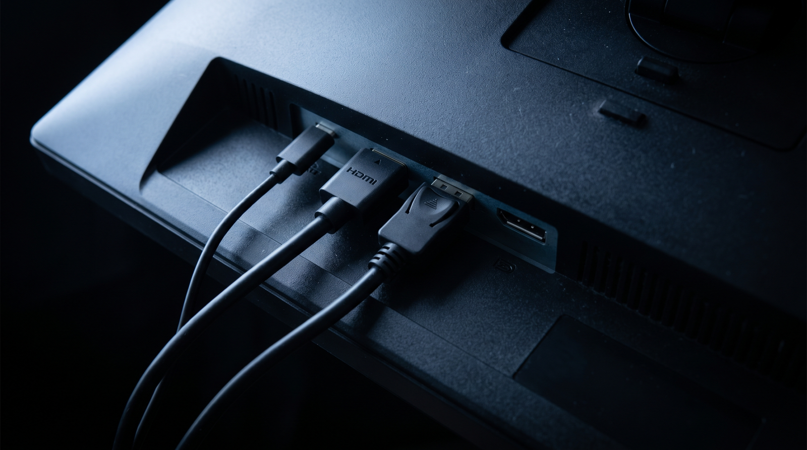 Close-up of a gaming monitor rear port panel with USB-C, HDMI and DisplayPort cables connected
