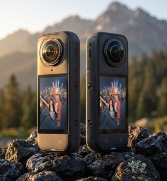 Insta360 X5 action camera resting on coastal rocks at golden hour