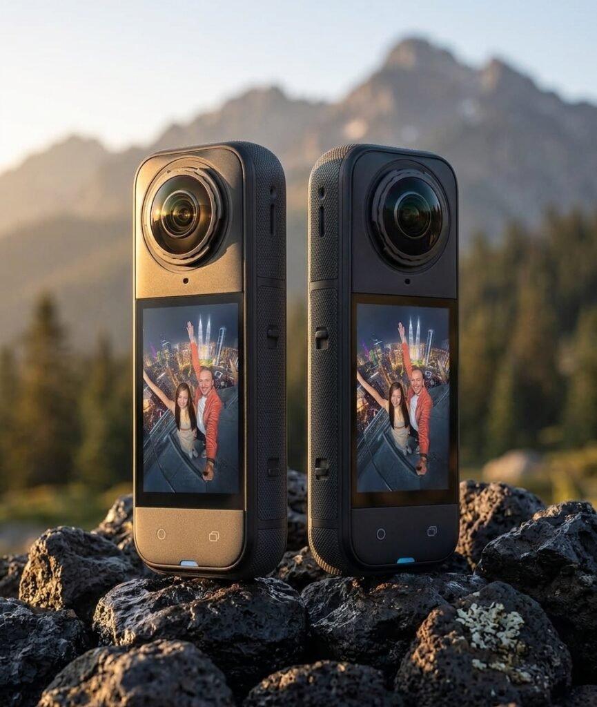 Insta360 X5 action camera resting on coastal rocks at golden hour