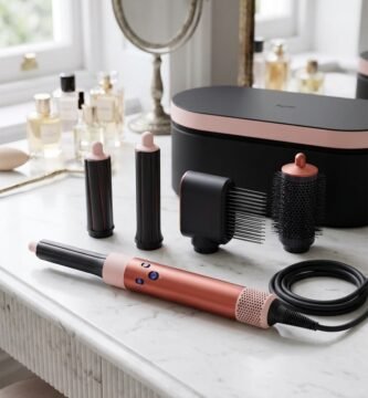 Dyson Airwrap Complete Long Diffuse and attachments on a luxury vanity