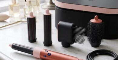 Dyson Airwrap Complete Long Diffuse and attachments on a luxury vanity