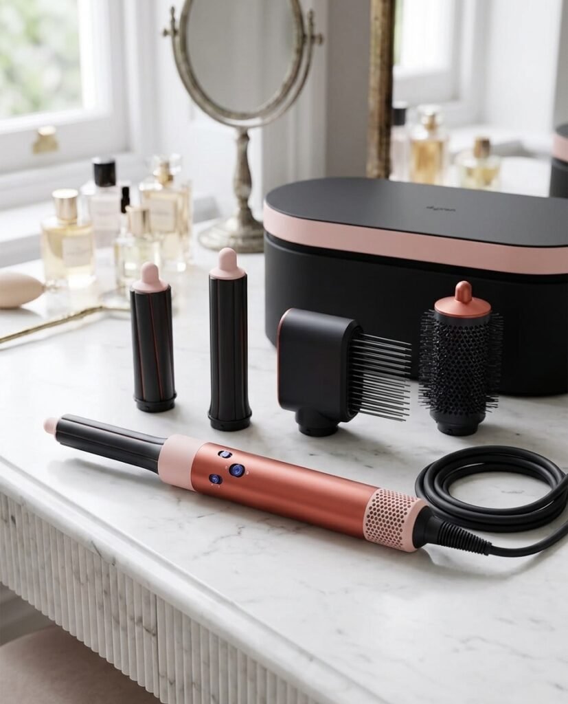 Dyson Airwrap Complete Long Diffuse and attachments on a luxury vanity
