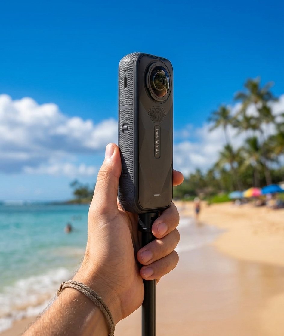 Insta360 X5 mounted on Invisible Selfie Stick at a busy UAE beach