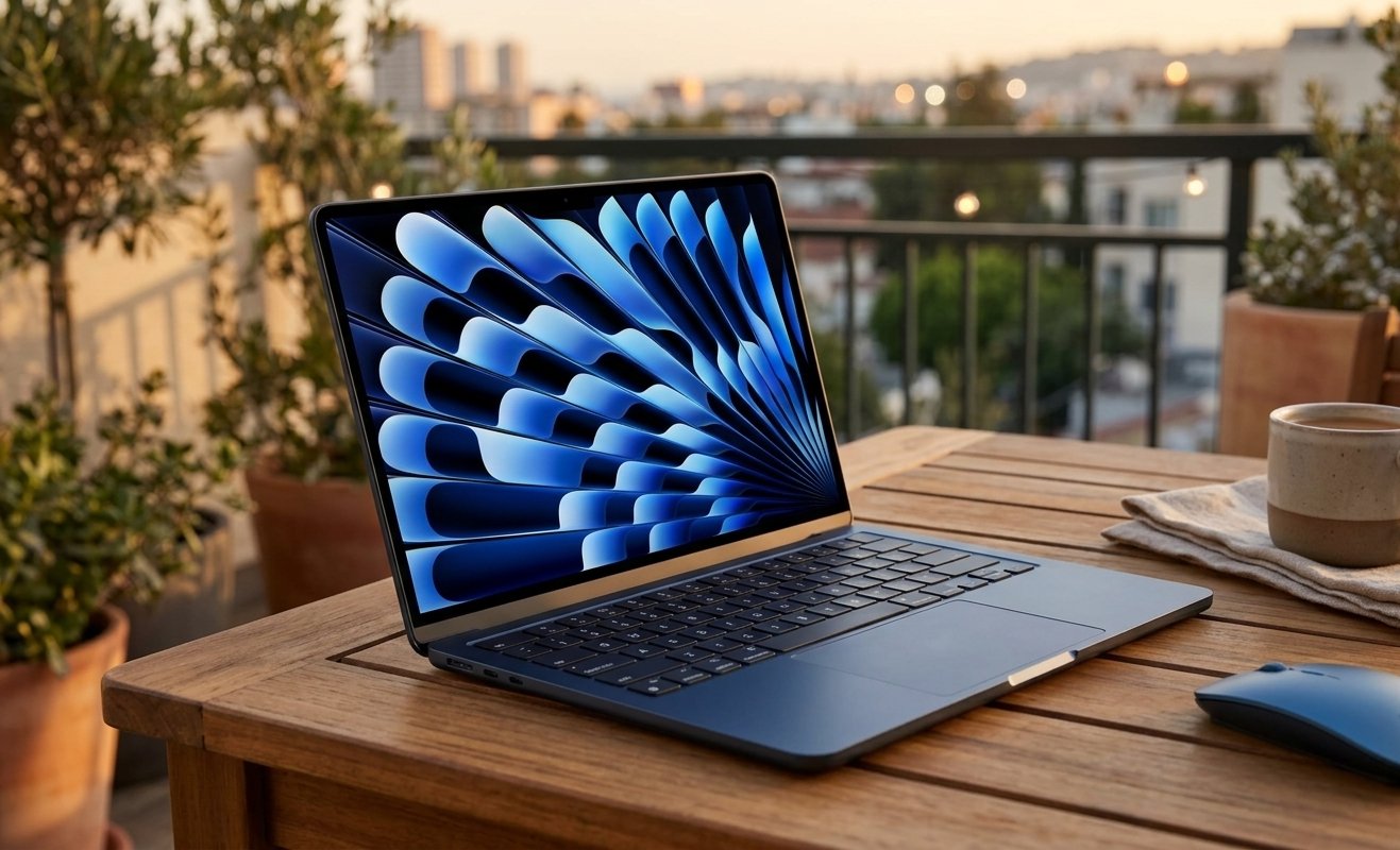 Apple MacBook Air 2025 (M4) laptop in use on a balcony showing vivid display.
