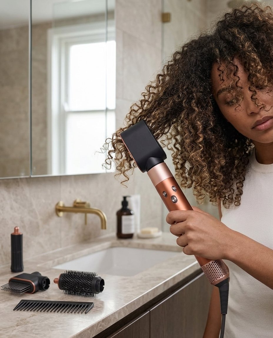 Dyson Airwrap Complete Long Diffuse styling curly hair in a modern bathroom