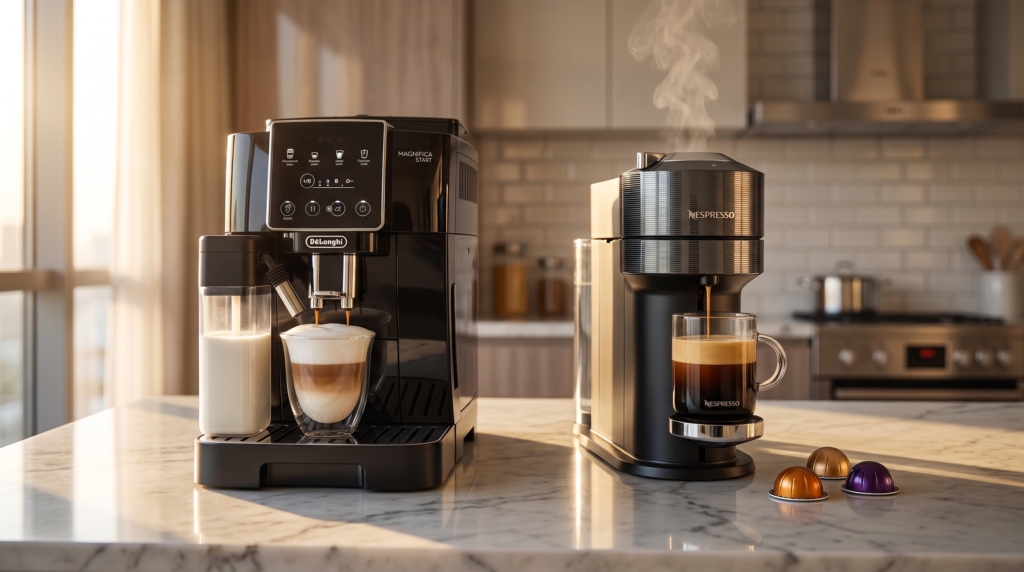 مقارنة ماكينة De'Longhi Magnifica Start وNespresso Vertuo Next لأفضل ماكينة قهوة 2026
