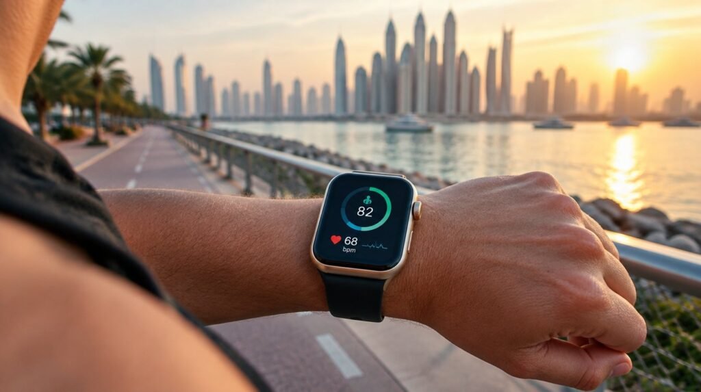 Apple Watch Series 12 on a runner's wrist at sunrise in Dubai