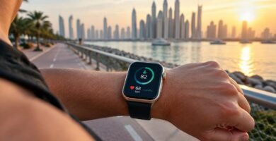 Apple Watch Series 12 on a runner's wrist at sunrise in Dubai