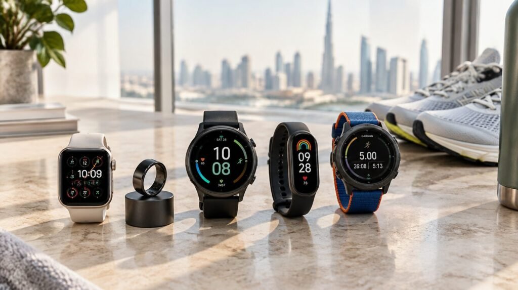 أجهزة تتبع اللياقة وساعات ذكية مرتبة على طاولة في منزل بدبي (Fitness trackers and smartwatches flat lay)