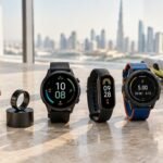 أجهزة تتبع اللياقة وساعات ذكية مرتبة على طاولة في منزل بدبي (Fitness trackers and smartwatches flat lay)