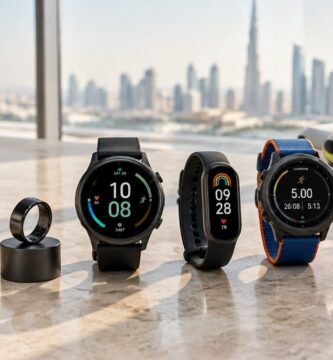 أجهزة تتبع اللياقة وساعات ذكية مرتبة على طاولة في منزل بدبي (Fitness trackers and smartwatches flat lay)
