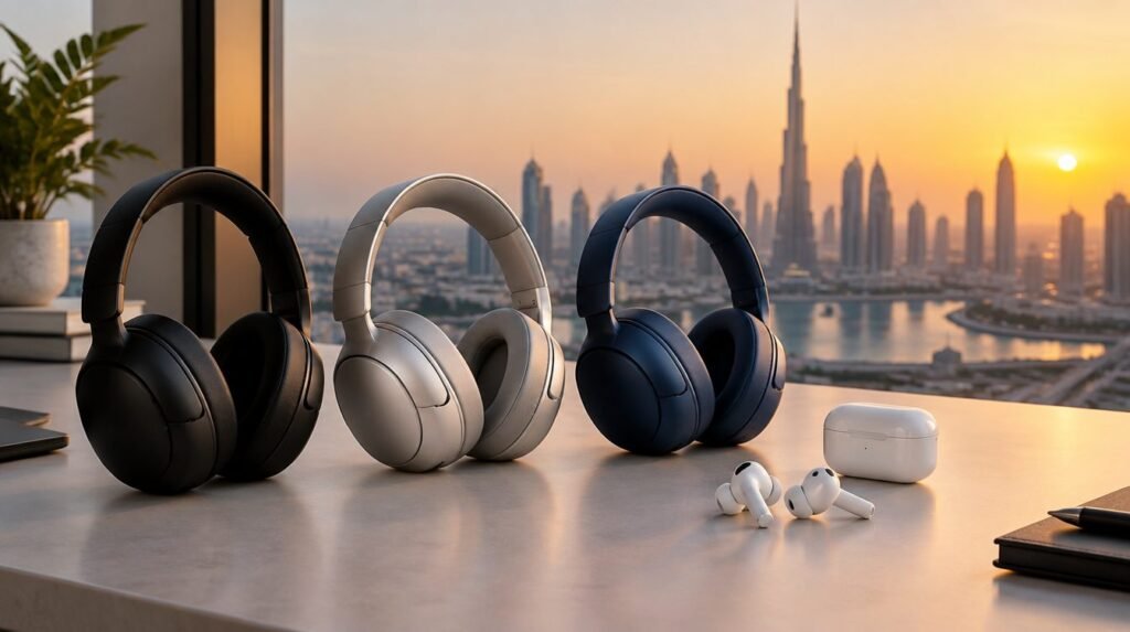 Best noise-cancelling headphones on a desk facing the Dubai skyline at golden hour