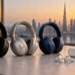 Best noise-cancelling headphones on a desk facing the Dubai skyline at golden hour