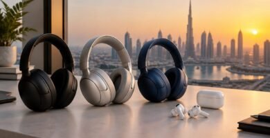 Best noise-cancelling headphones on a desk facing the Dubai skyline at golden hour