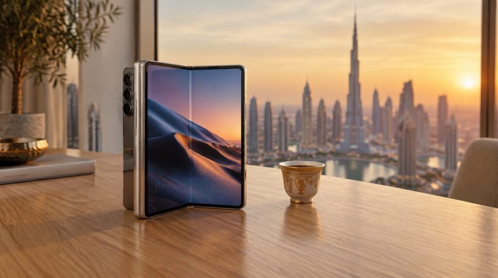 هاتف iPhone Duo القابل للطي مفتوحاً جزئياً على مكتب في شقة بدبي