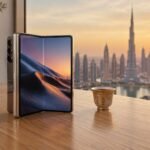 هاتف iPhone Duo القابل للطي مفتوحاً جزئياً على مكتب في شقة بدبي