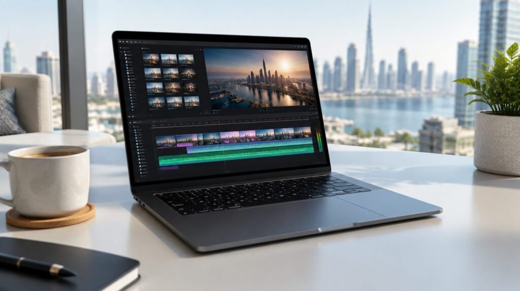 جهاز MacBook Pro 14 بشريحة M5 Pro باللون الأسود الفضائي على مكتب في شقة بدبي
