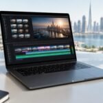 جهاز MacBook Pro 14 بشريحة M5 Pro باللون الأسود الفضائي على مكتب في شقة بدبي