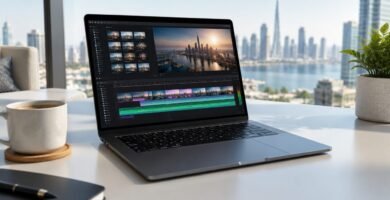 جهاز MacBook Pro 14 بشريحة M5 Pro باللون الأسود الفضائي على مكتب في شقة بدبي