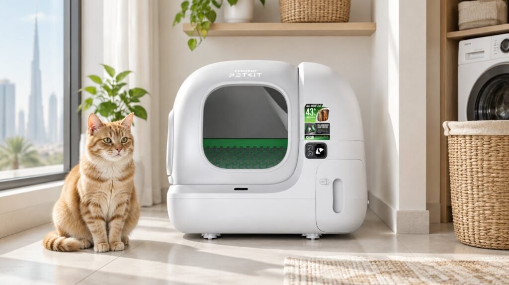 صندوق رمل ذكي للقطط PETKIT Purobot Max 3 في منزل عصري في الإمارات بجانبه قطة برتقالية