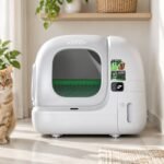 صندوق رمل ذكي للقطط PETKIT Purobot Max 3 في منزل عصري في الإمارات بجانبه قطة برتقالية