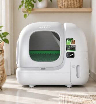 صندوق رمل ذكي للقطط PETKIT Purobot Max 3 في منزل عصري في الإمارات بجانبه قطة برتقالية