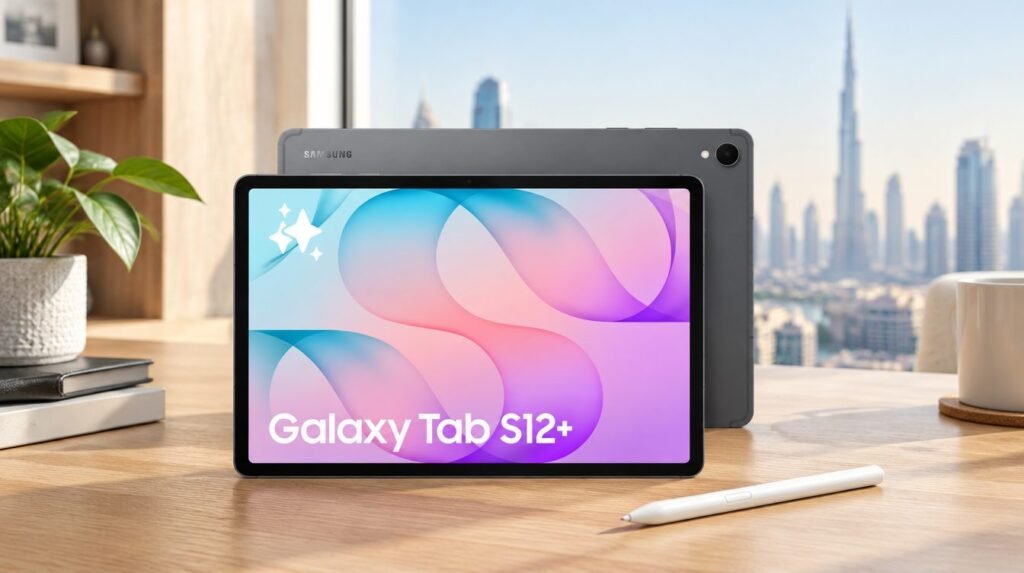 تابلت Samsung Galaxy Tab S12+ بشاشته الكبيرة وقلم S Pen على مكتب في شقة بدبي